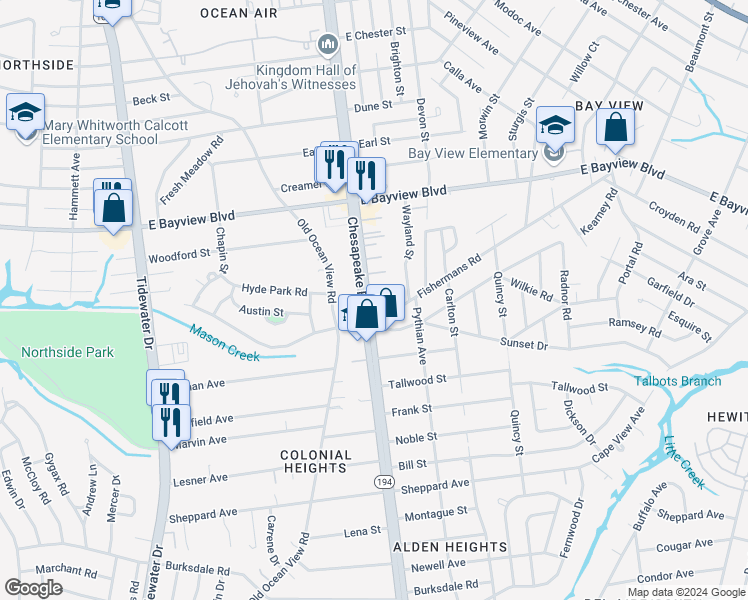 map of restaurants, bars, coffee shops, grocery stores, and more near 8518 Chesapeake Boulevard in Norfolk