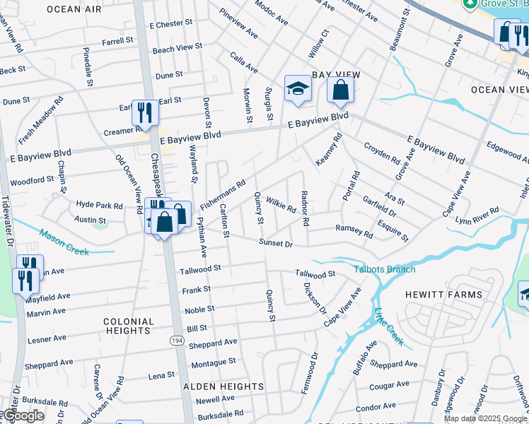 map of restaurants, bars, coffee shops, grocery stores, and more near 8466 Quincy Street in Norfolk