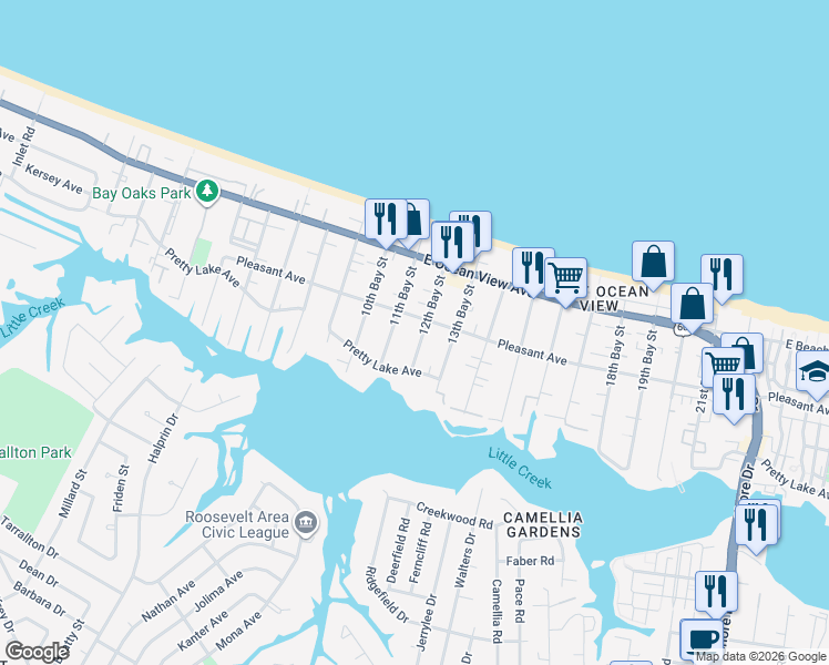 map of restaurants, bars, coffee shops, grocery stores, and more near 9549 12th Bay Street in Norfolk