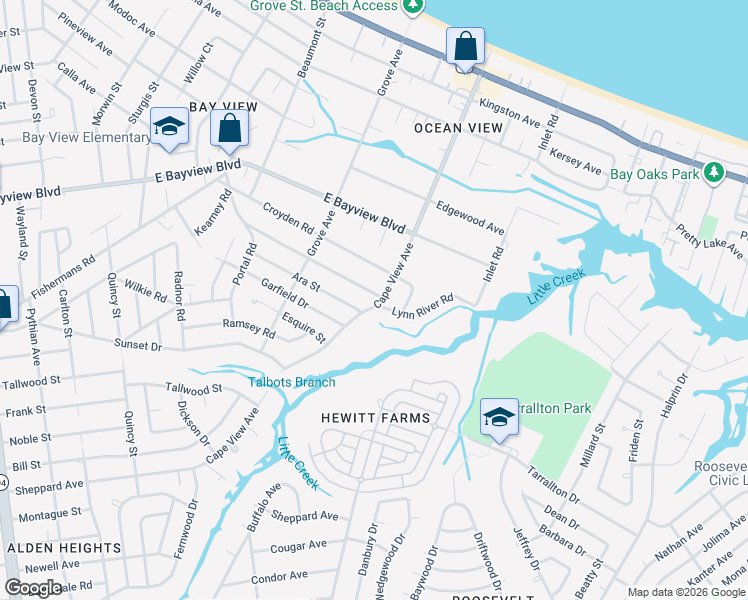 map of restaurants, bars, coffee shops, grocery stores, and more near 8468 Cape View Avenue in Norfolk
