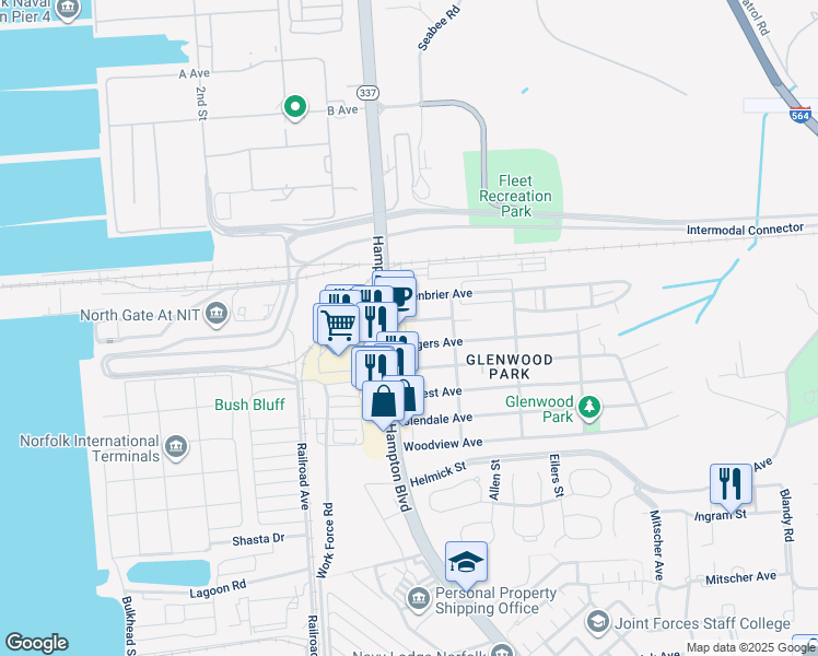 map of restaurants, bars, coffee shops, grocery stores, and more near 109 Mapleshade Avenue in Norfolk