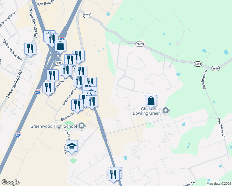 map of restaurants, bars, coffee shops, grocery stores, and more near Deer Meadow Avenue in Bowling Green