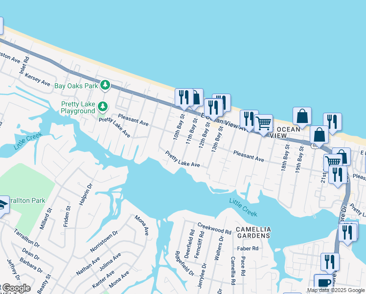 map of restaurants, bars, coffee shops, grocery stores, and more near 9539 11th Bay Street in Norfolk