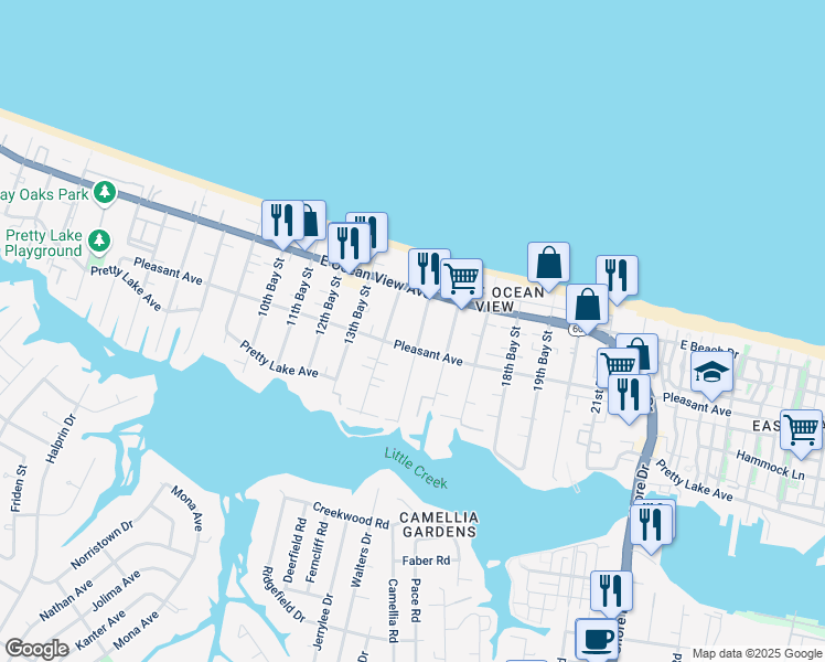 map of restaurants, bars, coffee shops, grocery stores, and more near 3510 Pleasant Avenue in Norfolk