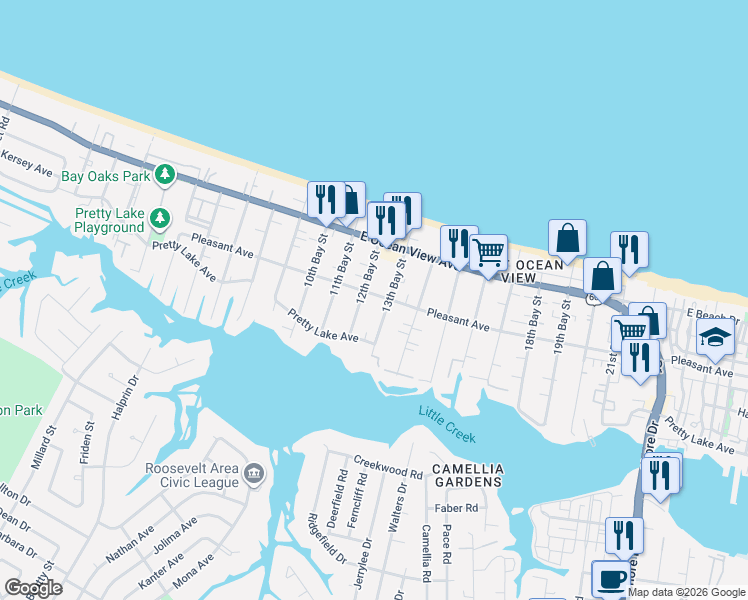 map of restaurants, bars, coffee shops, grocery stores, and more near 9562 13th Bay Street in Norfolk