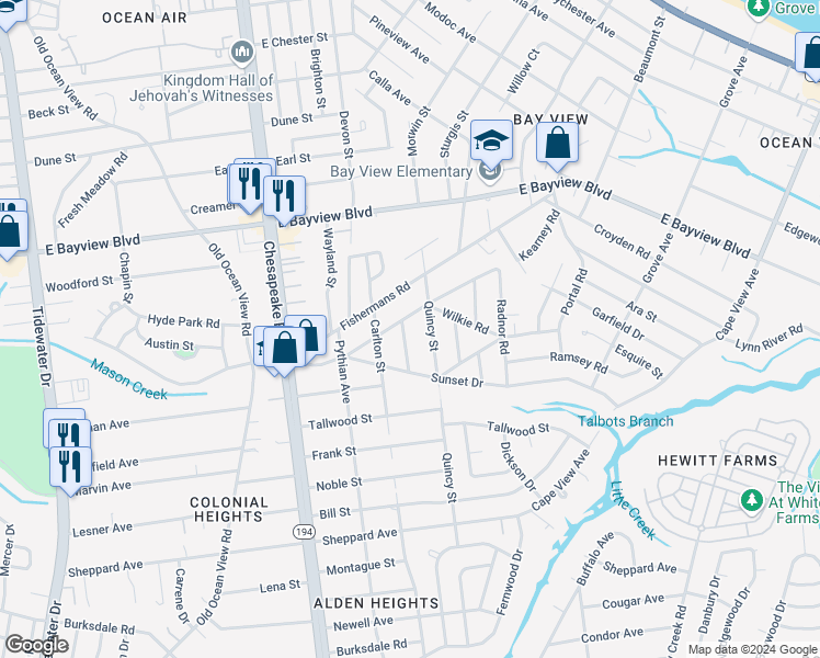 map of restaurants, bars, coffee shops, grocery stores, and more near 8464 Jane Way in Norfolk