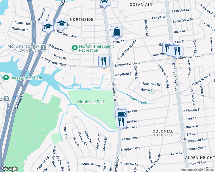 map of restaurants, bars, coffee shops, grocery stores, and more near 8545 Tidewater Drive in Norfolk