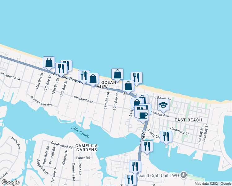 map of restaurants, bars, coffee shops, grocery stores, and more near 3831 East Ocean View Avenue in Norfolk