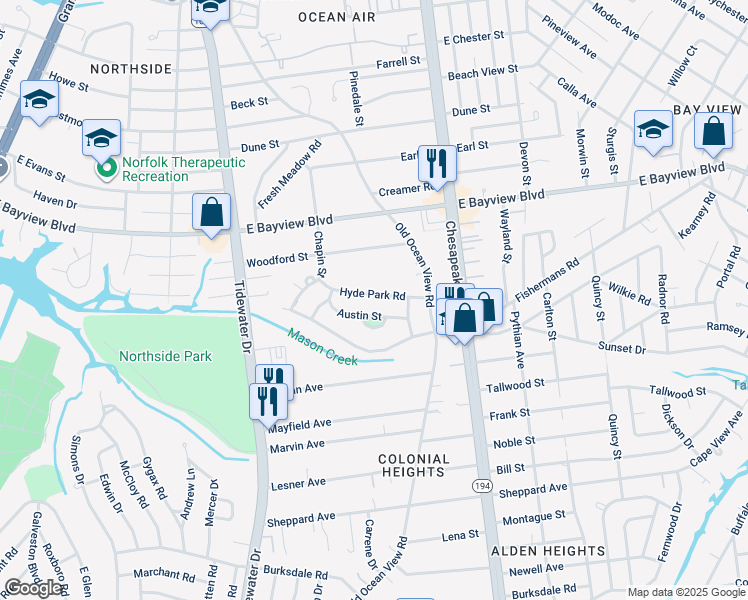 map of restaurants, bars, coffee shops, grocery stores, and more near 525 Hyde Park Road in Norfolk