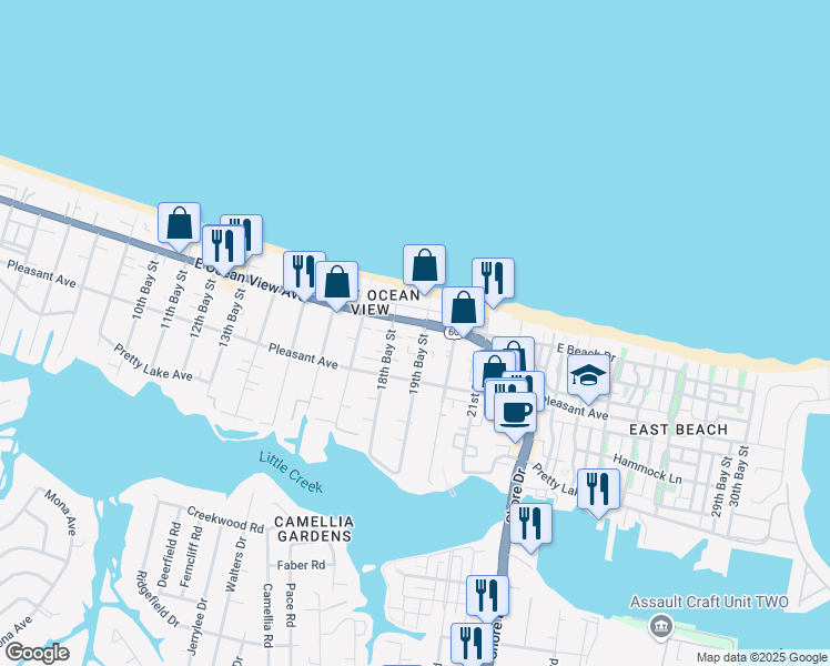map of restaurants, bars, coffee shops, grocery stores, and more near 3825 East Ocean View Avenue in Norfolk