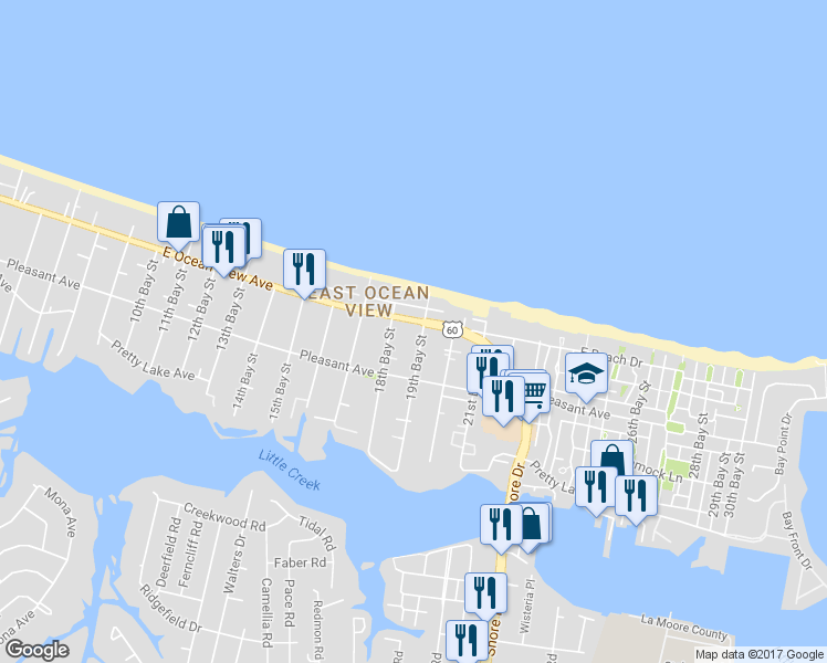 map of restaurants, bars, coffee shops, grocery stores, and more near 3825 East Ocean View Avenue in Norfolk