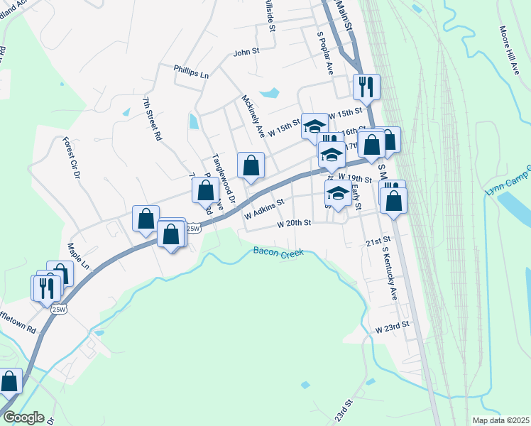 map of restaurants, bars, coffee shops, grocery stores, and more near 705 West Adkins Street in Corbin