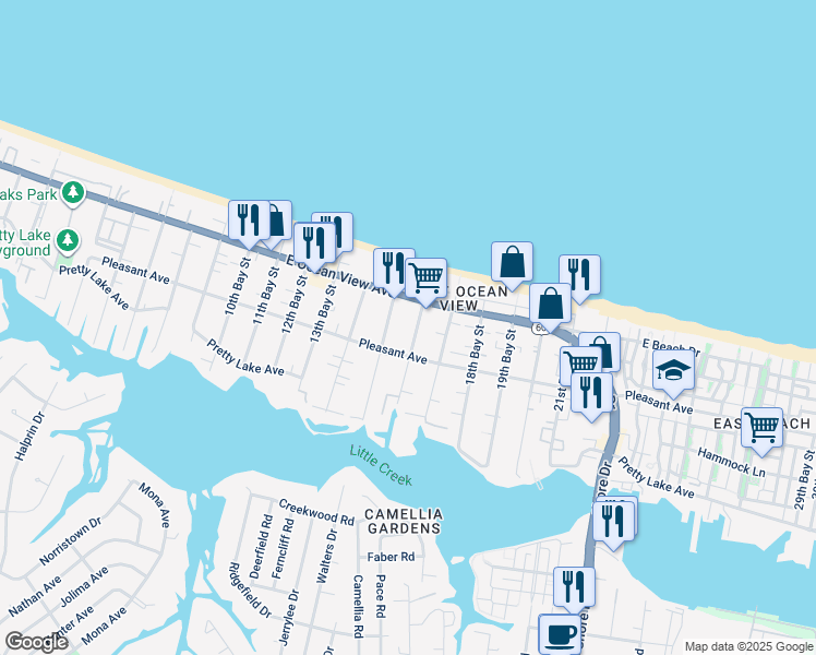 map of restaurants, bars, coffee shops, grocery stores, and more near 16th Bay Street in Norfolk