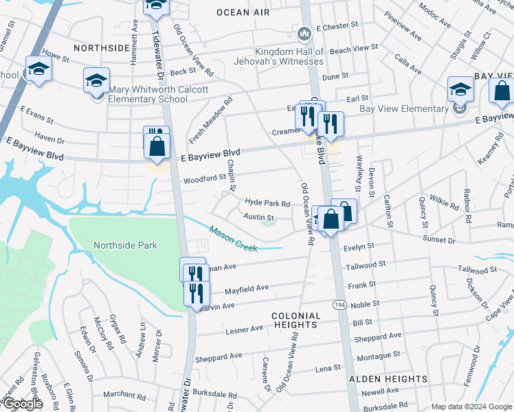 map of restaurants, bars, coffee shops, grocery stores, and more near 519 Hyde Park Road in Norfolk