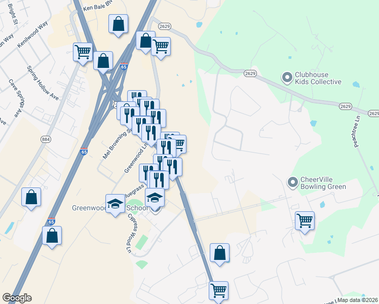 map of restaurants, bars, coffee shops, grocery stores, and more near Cherry Farm Ln in Bowling Green