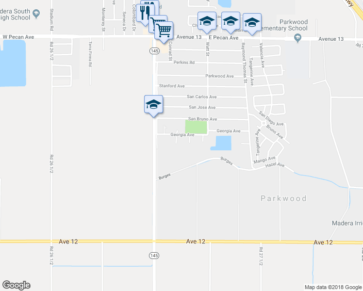 map of restaurants, bars, coffee shops, grocery stores, and more near 12473 Georgia Lane in Madera