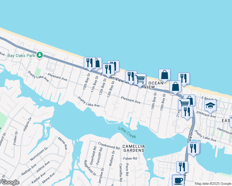 map of restaurants, bars, coffee shops, grocery stores, and more near 9574 14th Bay Street in Norfolk