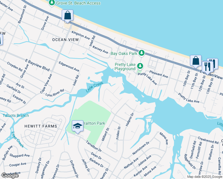 map of restaurants, bars, coffee shops, grocery stores, and more near 2117 Mervis Street in Norfolk
