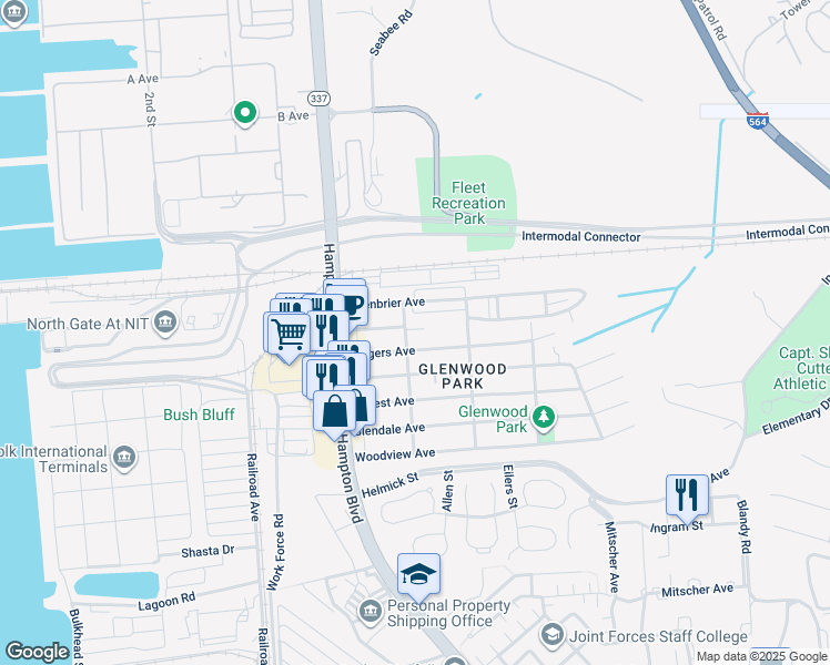 map of restaurants, bars, coffee shops, grocery stores, and more near 145 Rogers Avenue in Norfolk
