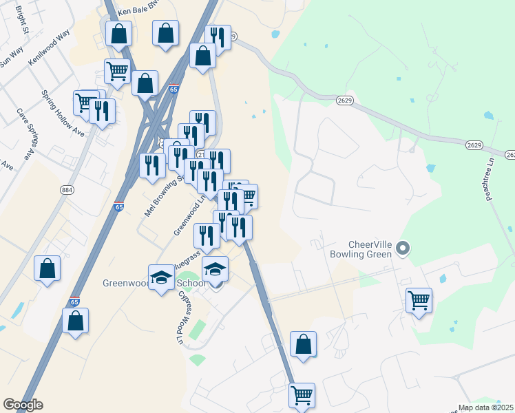 map of restaurants, bars, coffee shops, grocery stores, and more near Cherry Farm Ln in Bowling Green