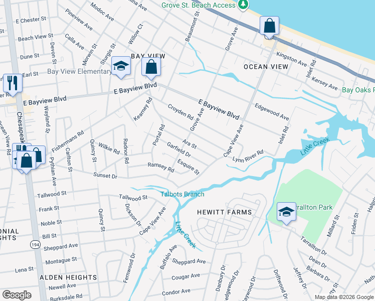 map of restaurants, bars, coffee shops, grocery stores, and more near 1813 Garfield Drive in Norfolk