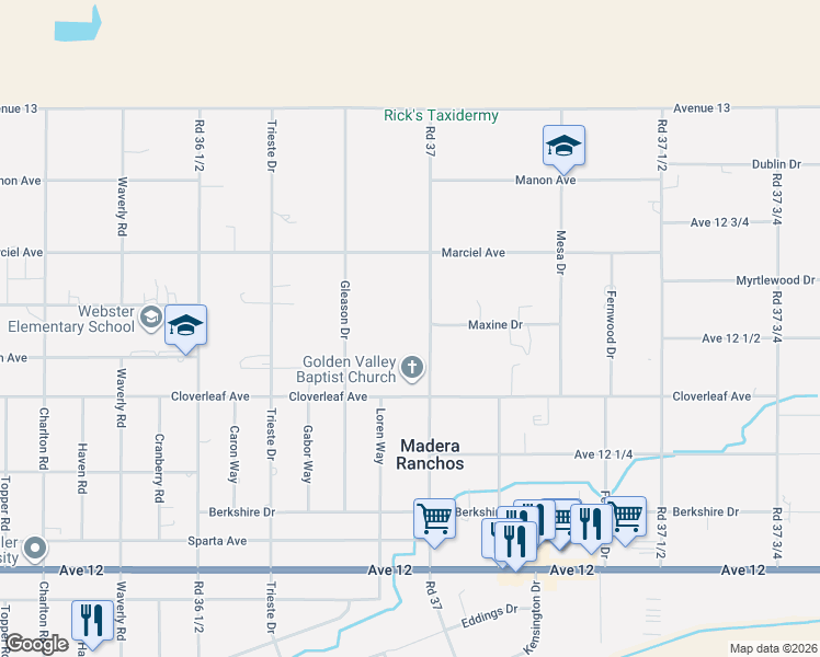 map of restaurants, bars, coffee shops, grocery stores, and more near 12476 Road 37 in Madera