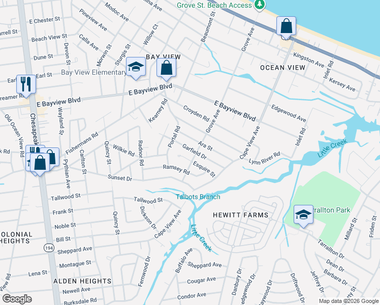 map of restaurants, bars, coffee shops, grocery stores, and more near 1623 Esquire Street in Norfolk