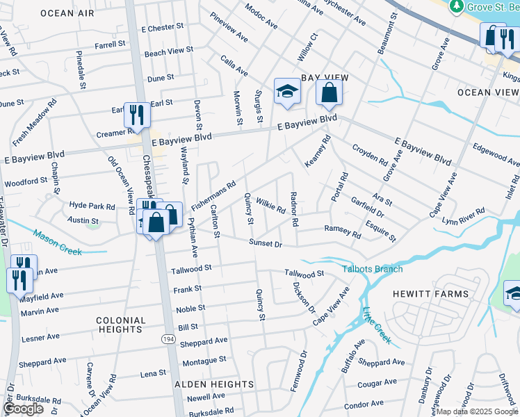 map of restaurants, bars, coffee shops, grocery stores, and more near 8469 Toby Lane in Norfolk