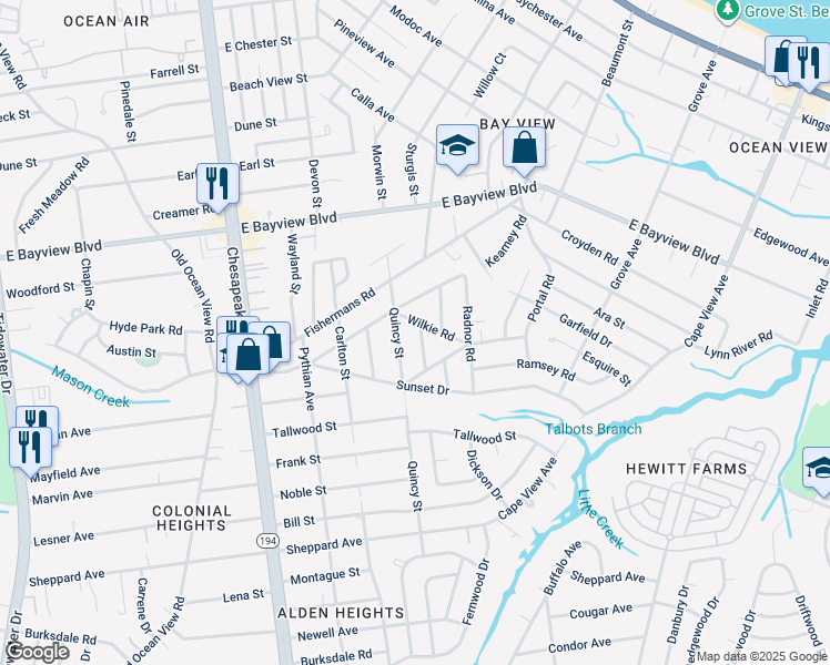 map of restaurants, bars, coffee shops, grocery stores, and more near 8469 Toby Lane in Norfolk