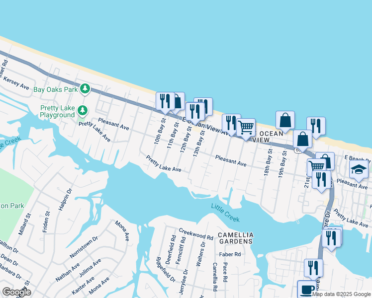 map of restaurants, bars, coffee shops, grocery stores, and more near 9568 12th Bay Street in Norfolk