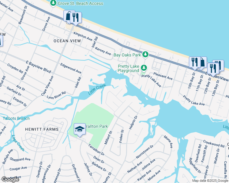 map of restaurants, bars, coffee shops, grocery stores, and more near 2117 Mervis Street in Norfolk