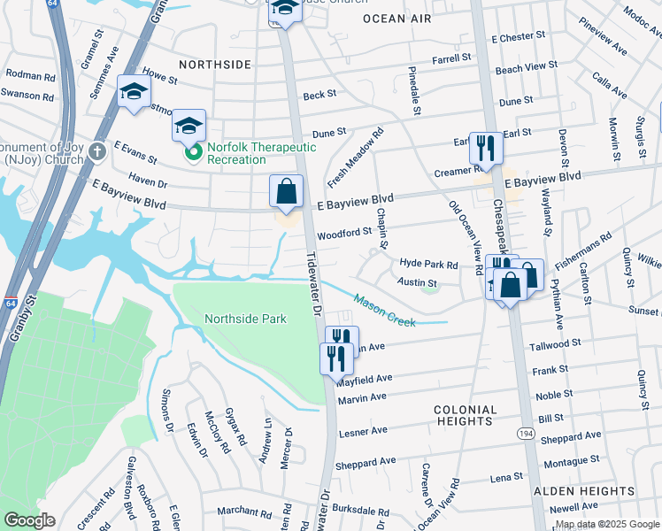 map of restaurants, bars, coffee shops, grocery stores, and more near 8500 Tidewater Drive in Norfolk