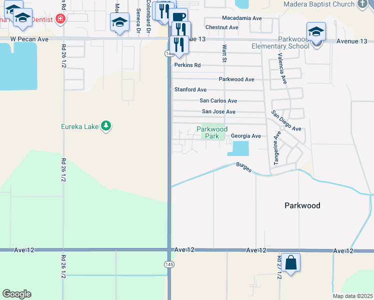 map of restaurants, bars, coffee shops, grocery stores, and more near 12473 Georgia Lane in Madera