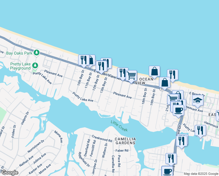 map of restaurants, bars, coffee shops, grocery stores, and more near 9574 14th Bay Street in Norfolk
