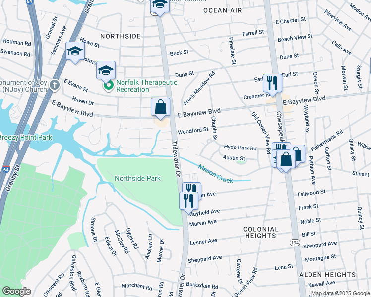 map of restaurants, bars, coffee shops, grocery stores, and more near 8530 Tidewater Drive in Norfolk