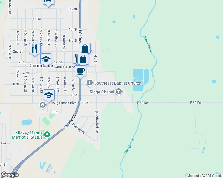 map of restaurants, bars, coffee shops, grocery stores, and more near 1114 East C Street in Commerce