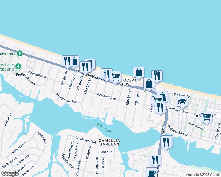 map of restaurants, bars, coffee shops, grocery stores, and more near 9629 16th Bay Street in Norfolk