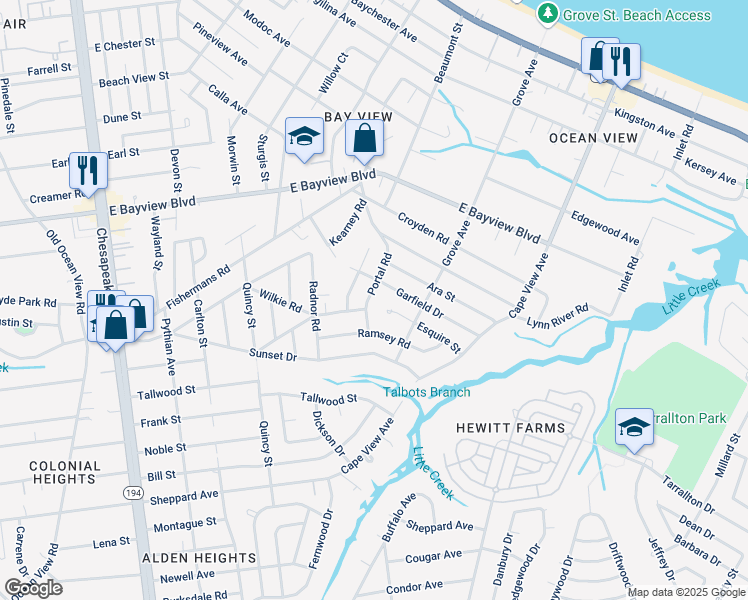map of restaurants, bars, coffee shops, grocery stores, and more near 8447 Portal Road in Norfolk