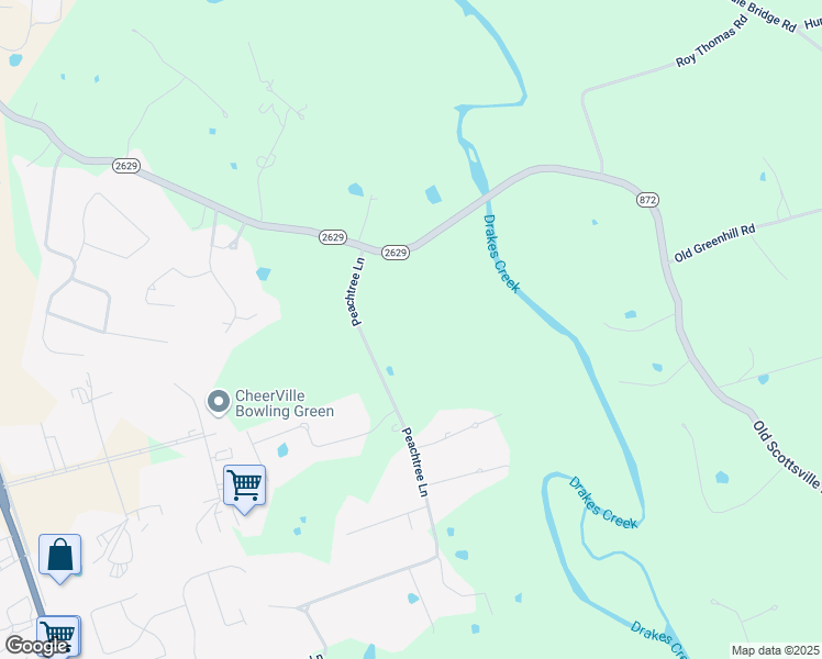 map of restaurants, bars, coffee shops, grocery stores, and more near 1614 Peachtree Lane in Bowling Green
