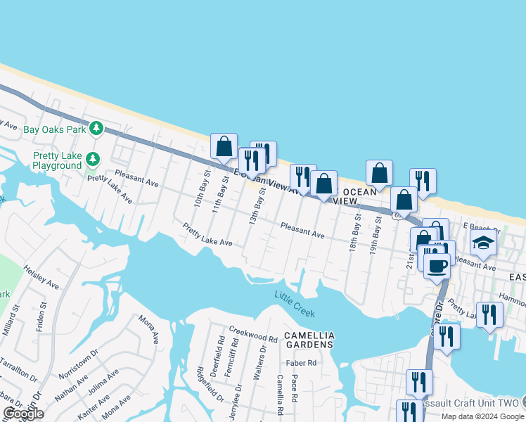 map of restaurants, bars, coffee shops, grocery stores, and more near 9635 14th Bay Street in Norfolk