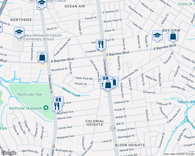 map of restaurants, bars, coffee shops, grocery stores, and more near 8530 Old Ocean View Road in Norfolk