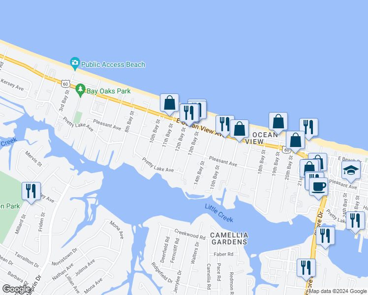 map of restaurants, bars, coffee shops, grocery stores, and more near 3210 Pleasant Avenue in Norfolk