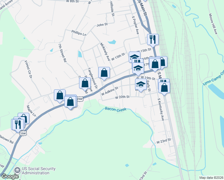 map of restaurants, bars, coffee shops, grocery stores, and more near 701 18th Street in Corbin