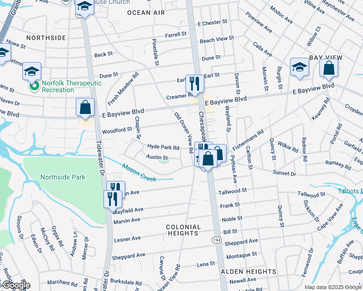 map of restaurants, bars, coffee shops, grocery stores, and more near 536 Hyde Park Road in Norfolk