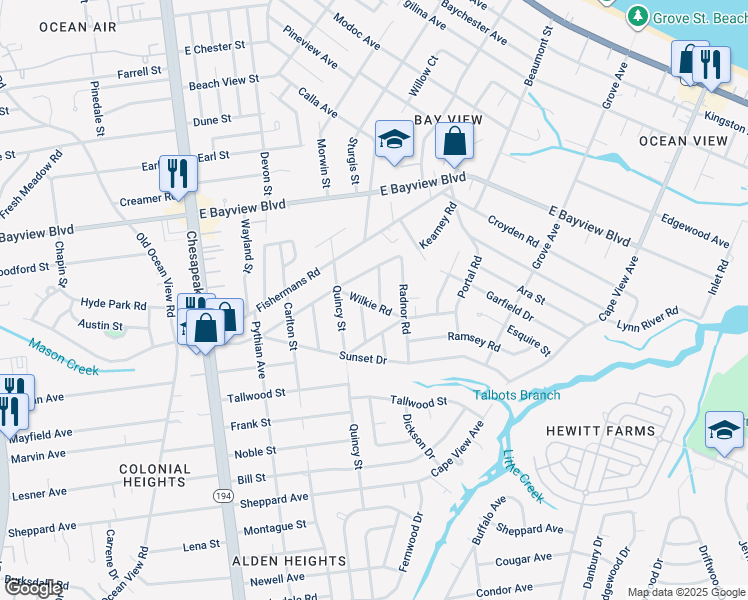 map of restaurants, bars, coffee shops, grocery stores, and more near 8453 Primrose Street in Norfolk