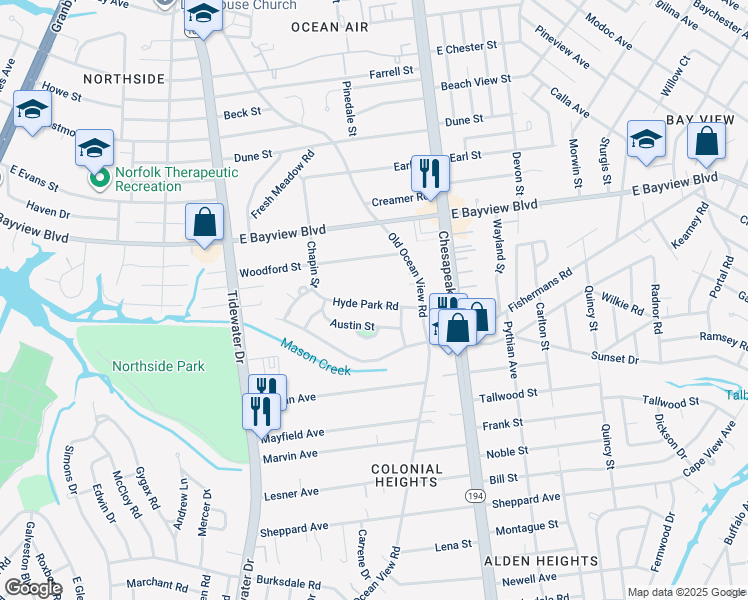 map of restaurants, bars, coffee shops, grocery stores, and more near 524 Hyde Park Road in Norfolk