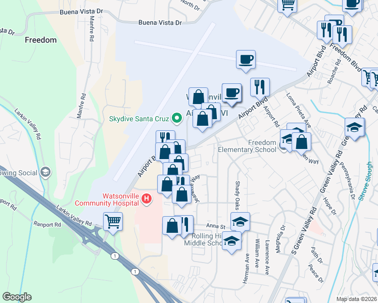 map of restaurants, bars, coffee shops, grocery stores, and more near 195 Aviation Way in Watsonville