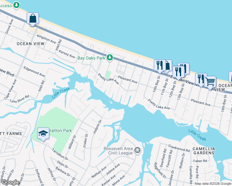 map of restaurants, bars, coffee shops, grocery stores, and more near 9536 5th Bay Street in Norfolk