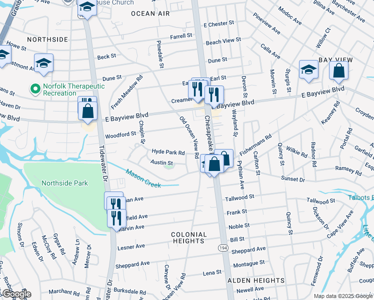 map of restaurants, bars, coffee shops, grocery stores, and more near 536 Hyde Park Road in Norfolk