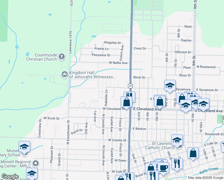 map of restaurants, bars, coffee shops, grocery stores, and more near 110 West Sycamore Street in Monett